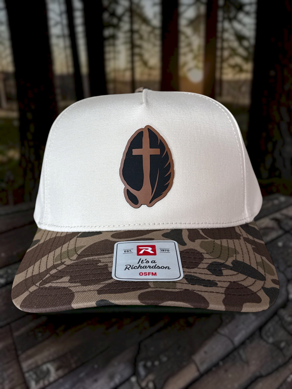 Hoof & Feather Richardson hat with light front, brown camouflage brim, and brown and black patch